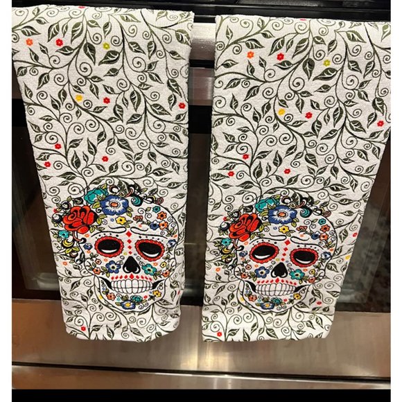 Halloween Kitchen Towels Skull Decor Holiday Party Decorations Decorative Floral - Picture 1 of 4